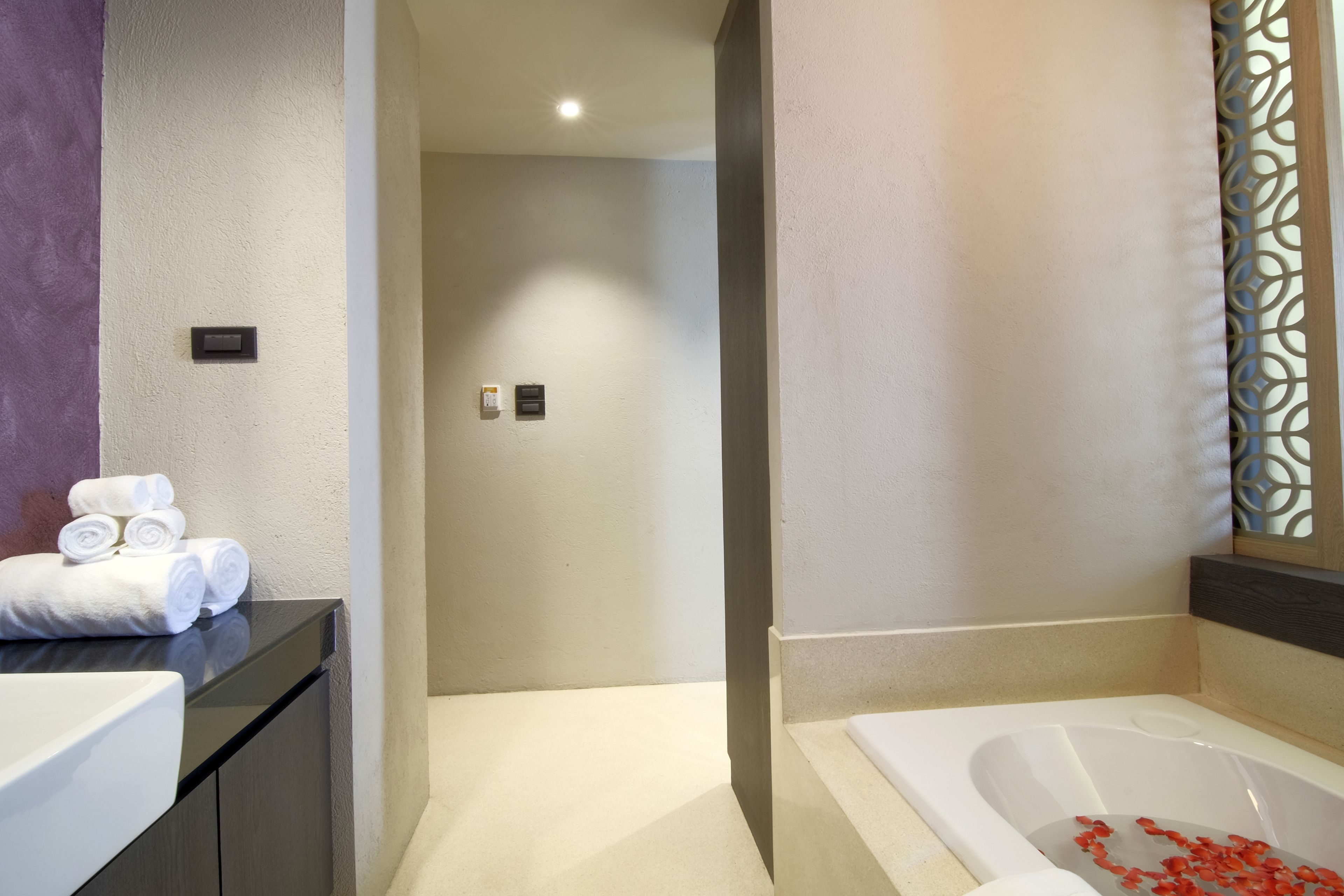 Un bagno moderno con una vasca, un lavandino e un porta asciugamani.