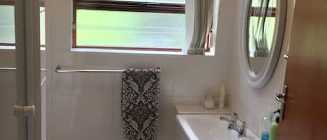 Un baño con ventana, una toalla, un lavabo y un espejo.