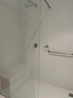A modern shower area with a glass door, a handheld showerhead, and a metal towel rack. - Hermanus Heights Villa (Hermanus)