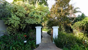Un sendero de madera que conduce a una puerta blanca, rodeado de abundante vegetación y árboles.