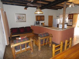 Fridge, microwave, electric kettle, toaster