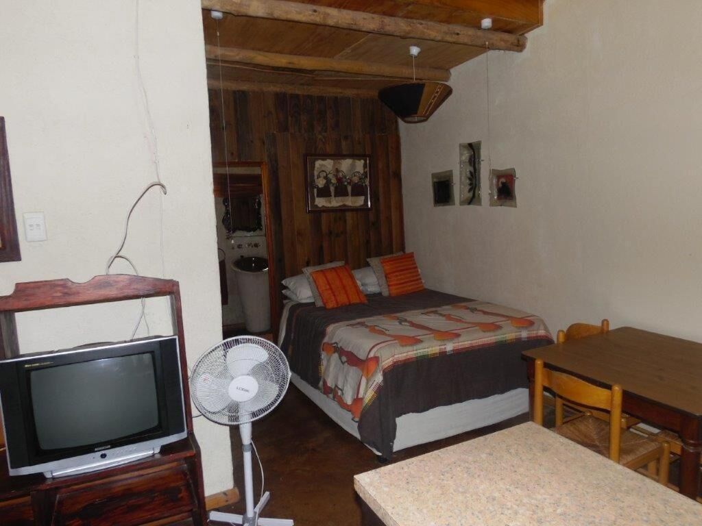 Une petite pièce agréable et confortable, avec un lit, une table en bois, un téléviseur et un ventilateur.