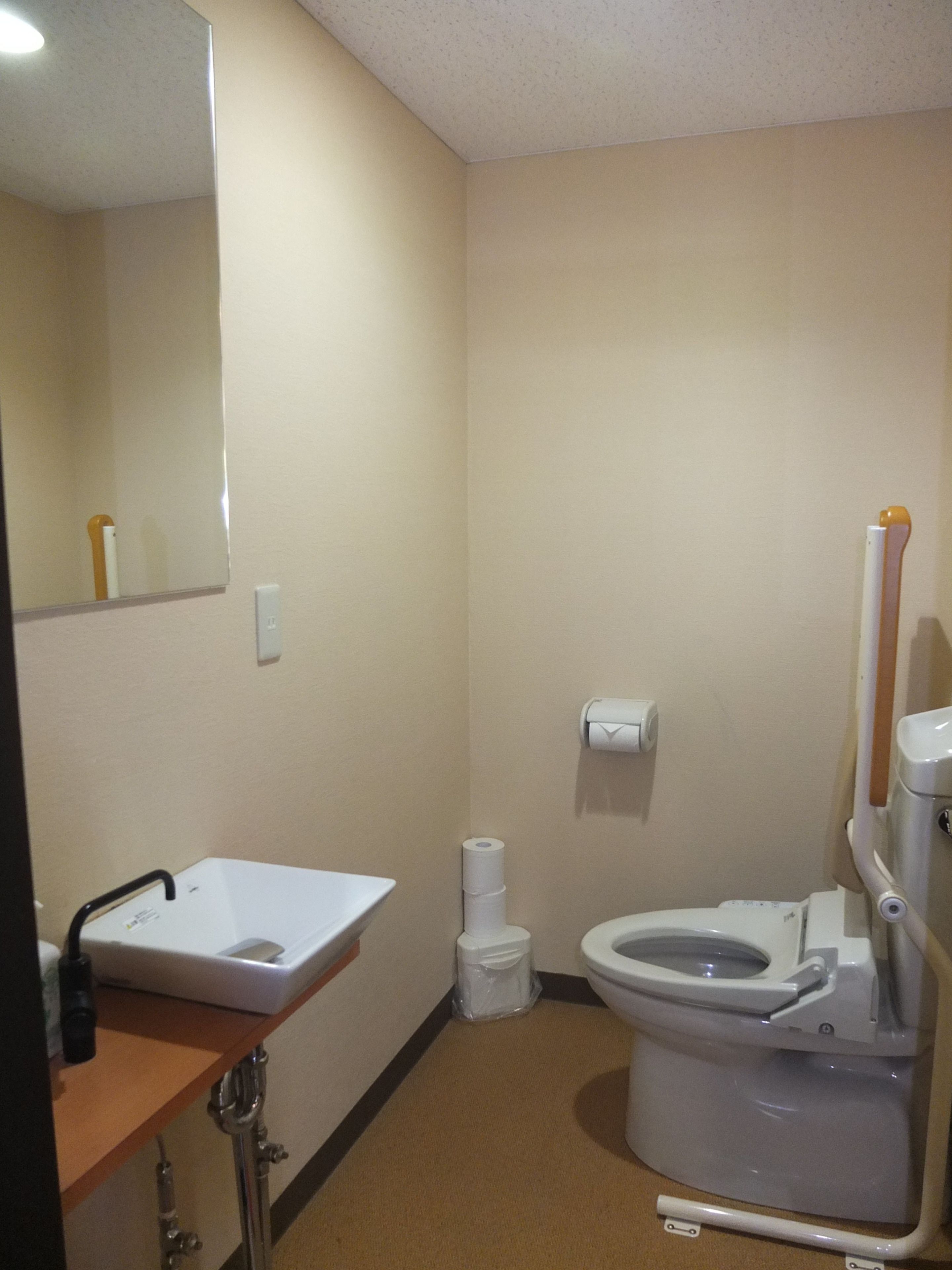 Un baño pequeño y limpio con lavamanos, inodoro y espejo.