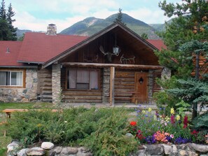 A log cabin with a stone foundation, a wooden front door, and a window with a curtain.