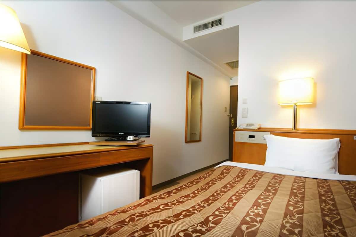 A hotel room with a bed, a desk with a television, a bedside lamp, and a mirror.