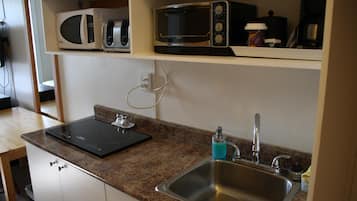 Fridge, microwave, coffee/tea maker, ice maker