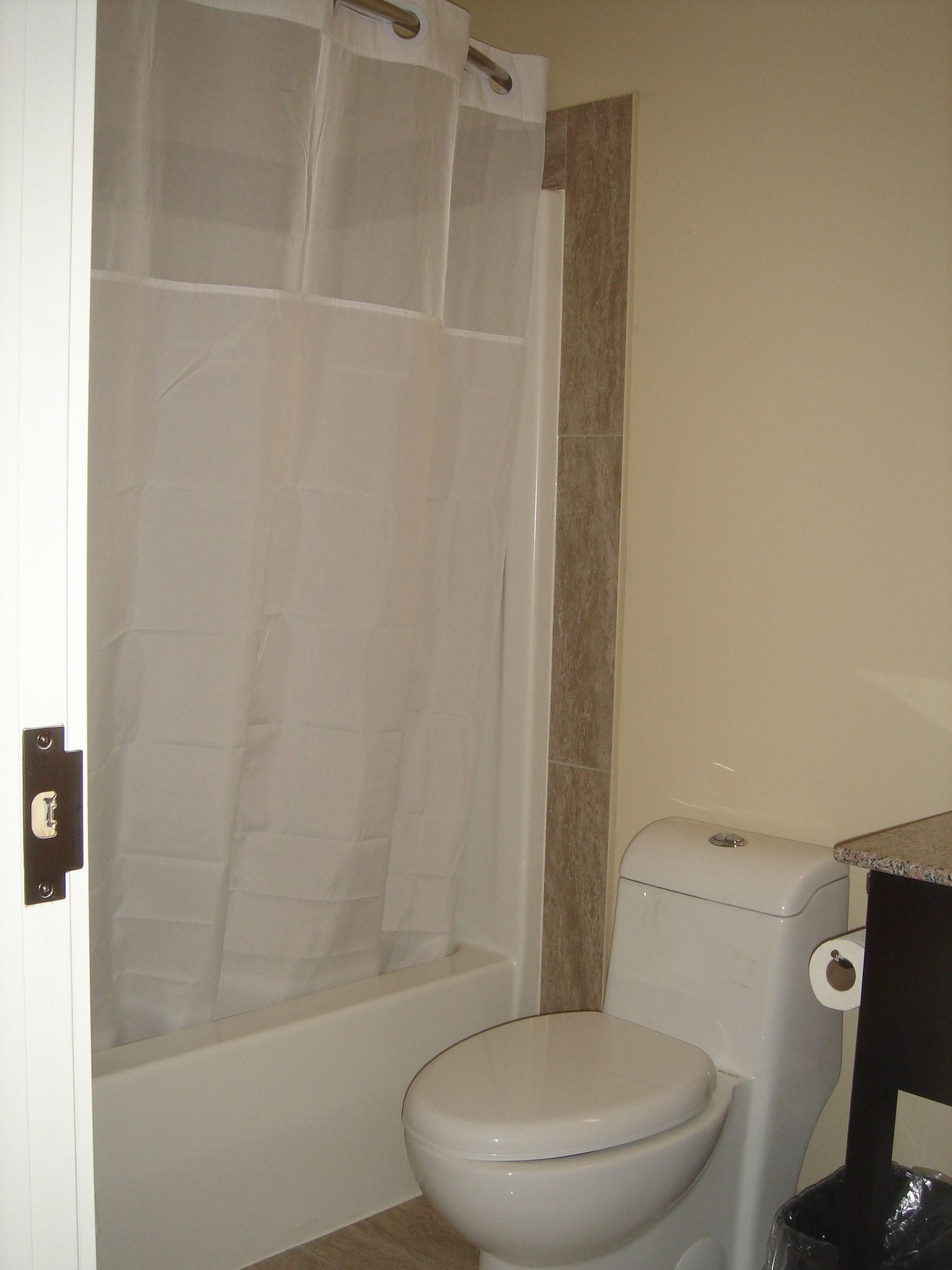 A bathroom with a shower curtain, a toilet, and a bathtub.