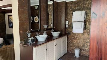 A bathroom with two sinks, a large mirror, and a towel rack.