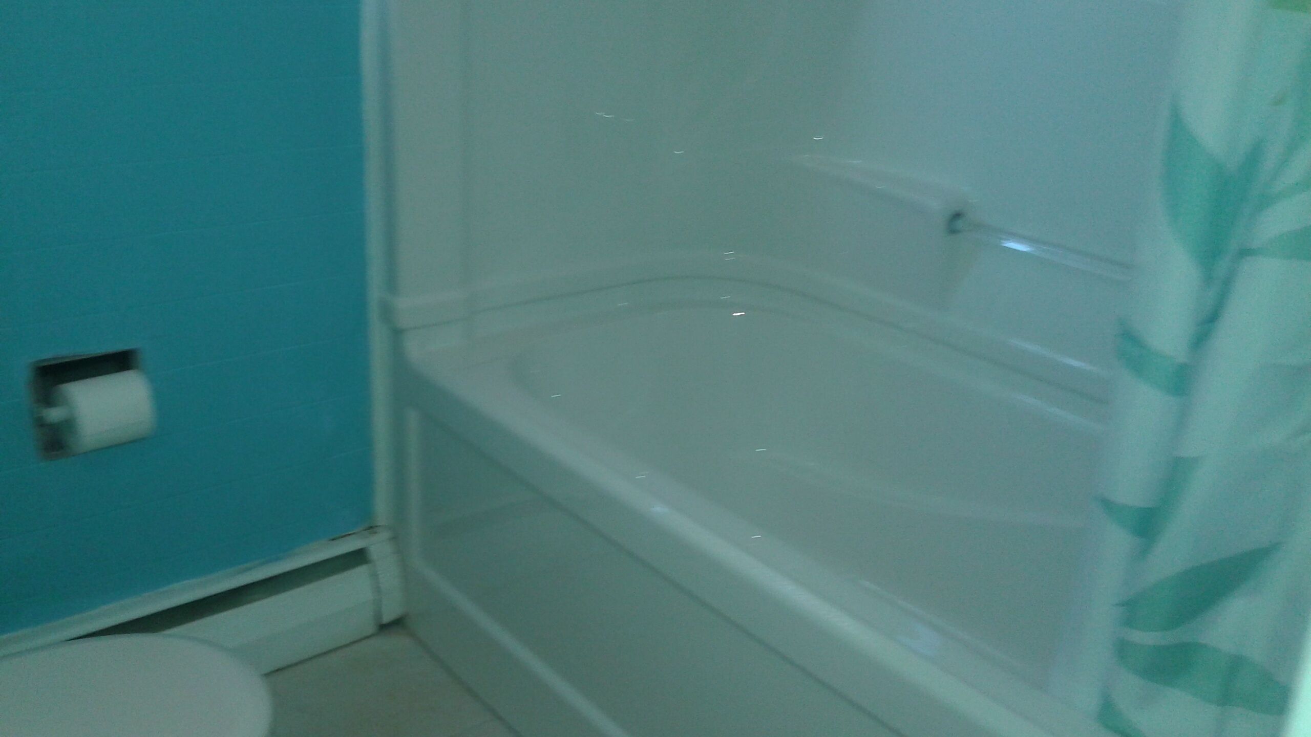 A bathroom with a bathtub, toilet, and blue walls.