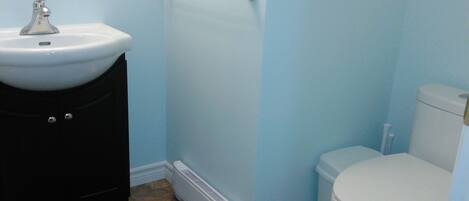 A bathroom with a sink, toilet, and a shower area.