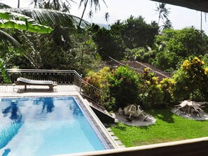 A swimming pool with a surrounding deck, a lounge chair, and a small garden area with a statue. - Little Paradise (Bentota)