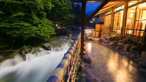 Ein traditionelles japanisches Ryokan mit Blick auf einen Fluss und üppiges Grün.