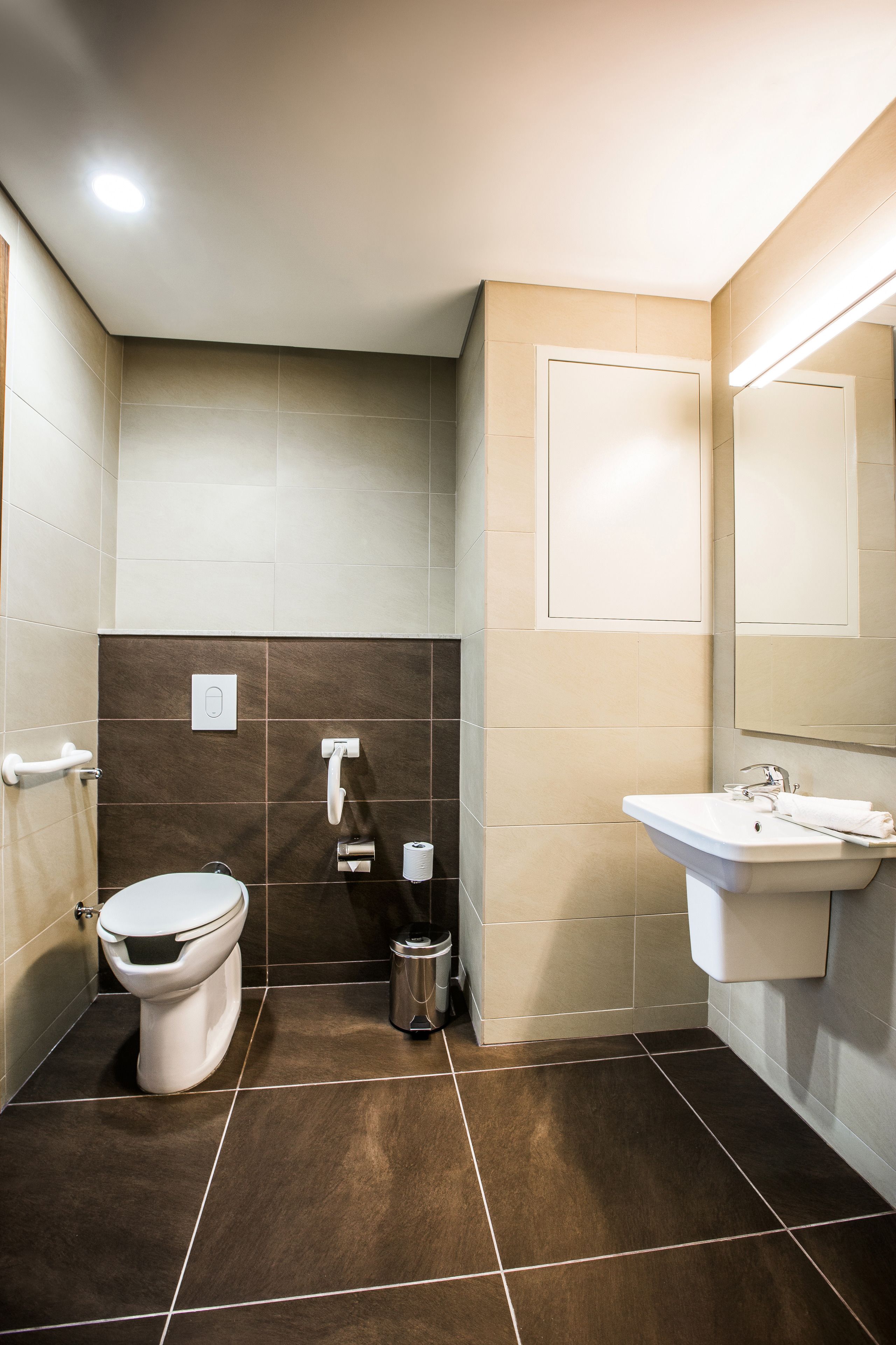 A bathroom with a toilet, sink, and mirror.