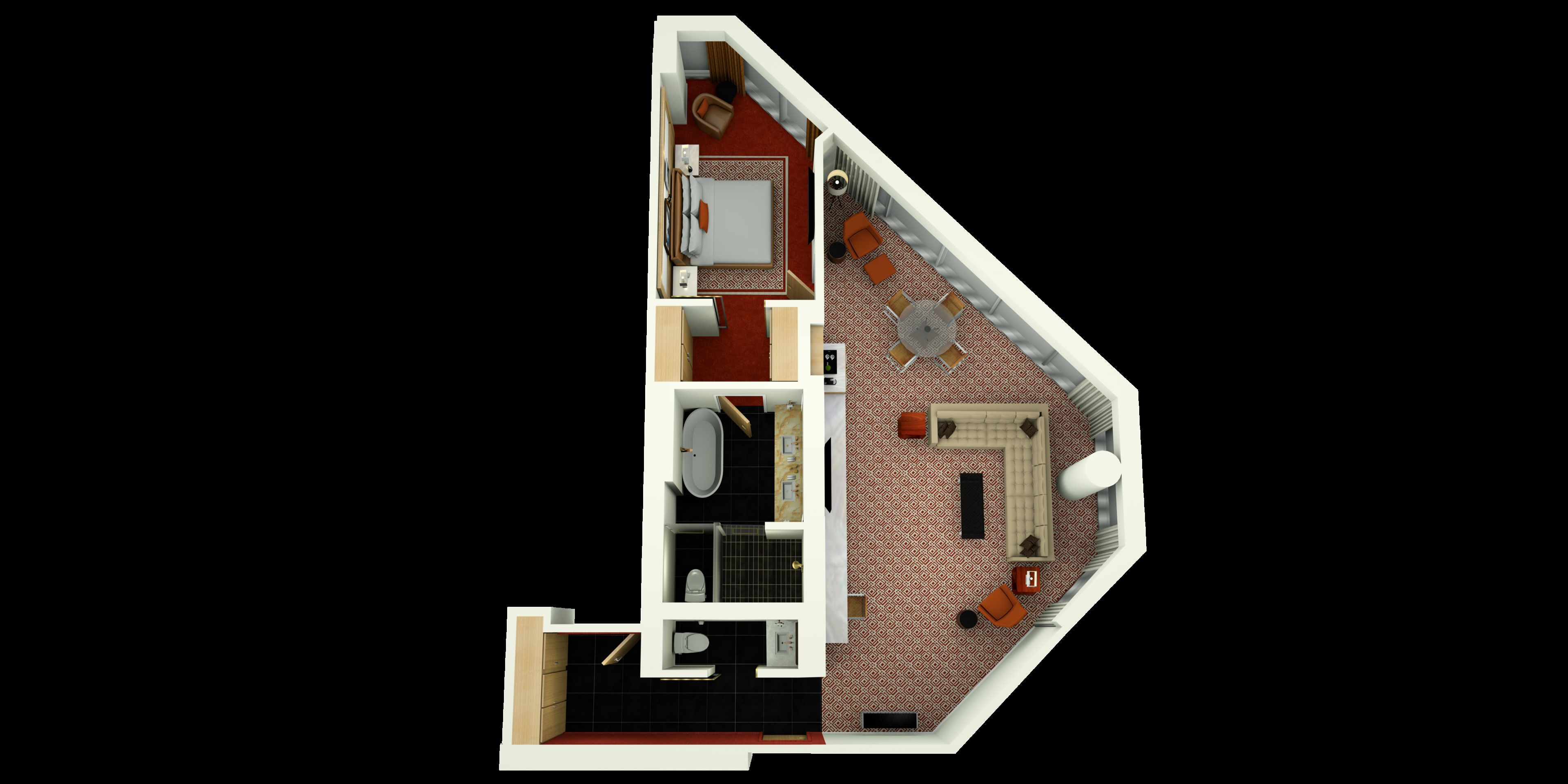 Plano de planta en 3D de una habitación de hotel que incluye una cama, un baño, una kitchenette y una zona de estar con una mesa y sillas.
