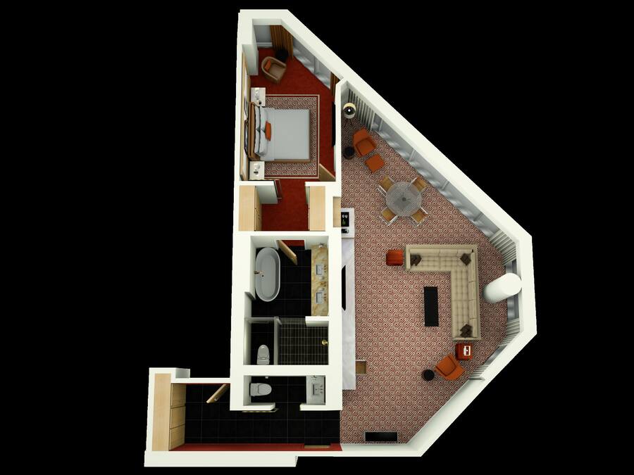 Planta baixa em 3D de um quarto de hotel com cama, banheiro, cozinha compacta e área de estar com mesa e cadeiras.