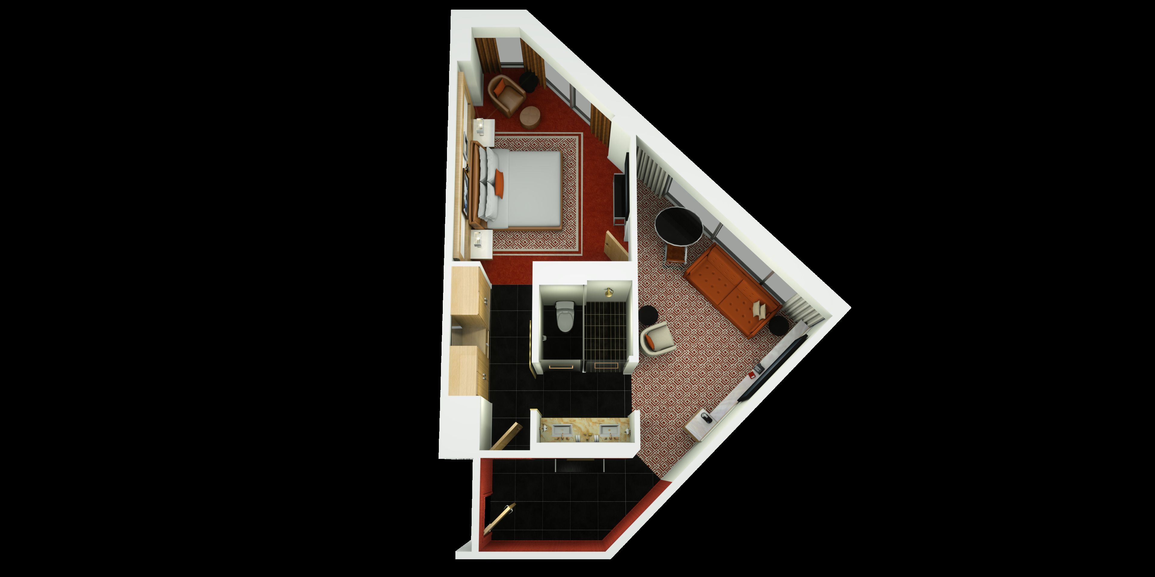 Plano de planta en 2D de una habitación de hotel con cama, un pequeño rincón de descanso, kitchenette y baño.