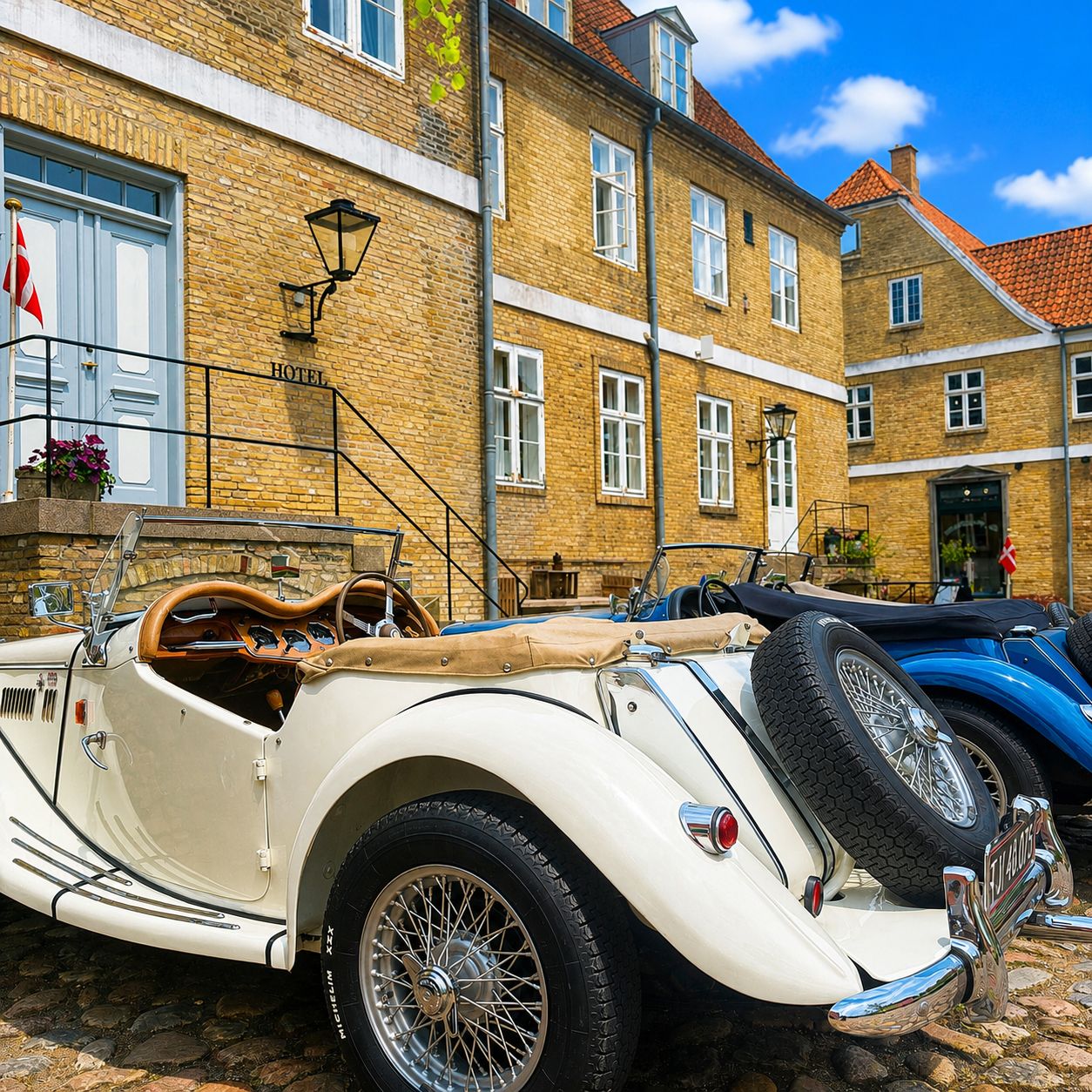 Un'auto d'epoca decappottabile parcheggiata di fronte a un hotel con facciata in mattoni e architettura tradizionale.