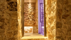A stone staircase leading to a room with a stone wall and a purple door. - Villa San Liberale - Suites & Wellness - Villa Veneta (Feltre)