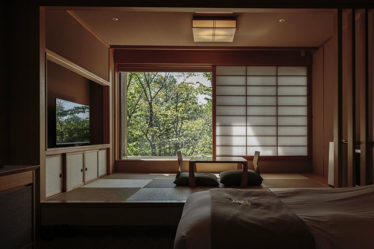 A traditional Japanese-style room with tatami flooring, a low bed, a television, and a sliding shoji screen.