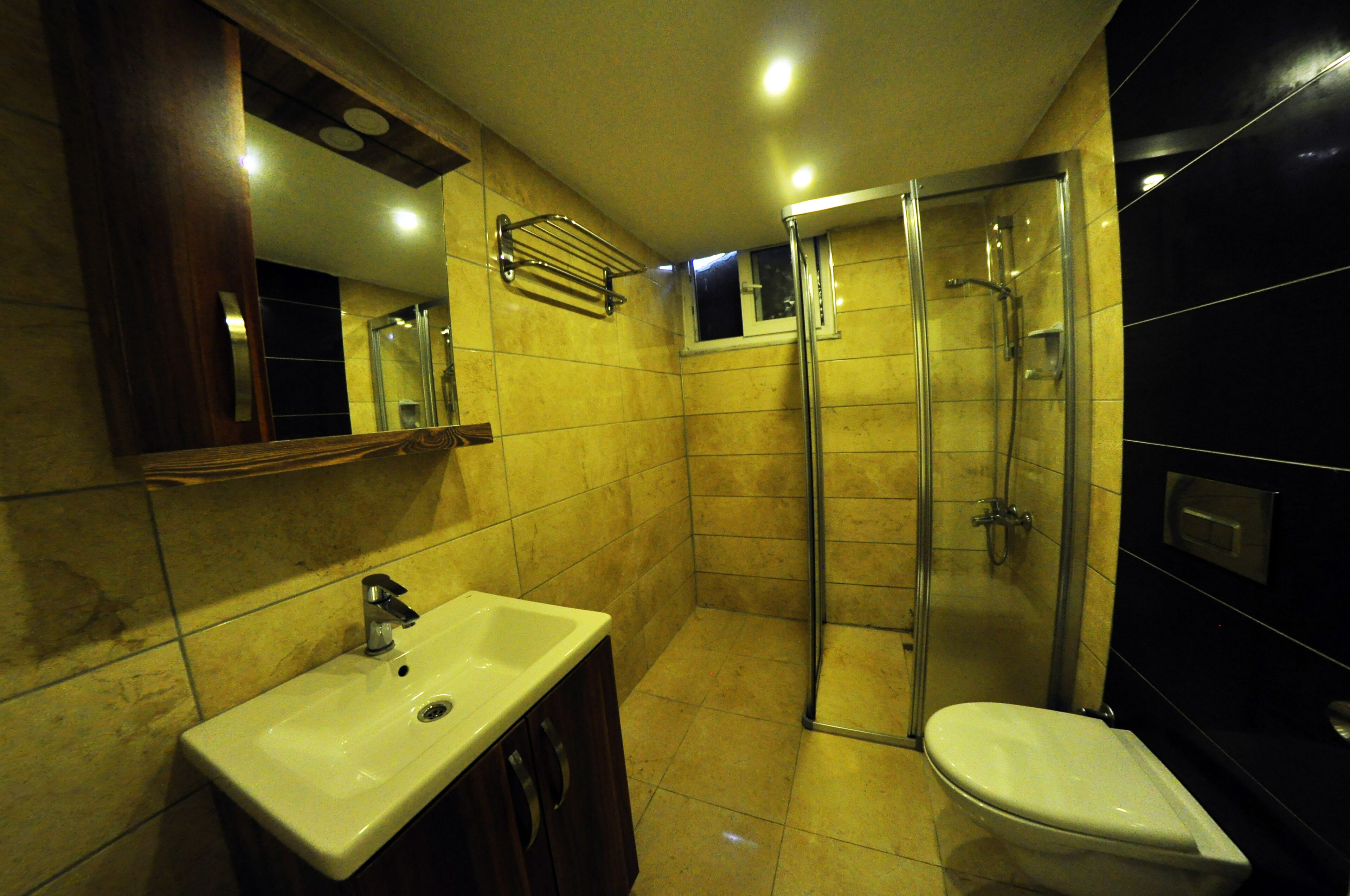 A modern bathroom with a glass shower enclosure, a white sink, and a toilet.