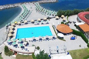 Outdoor pool, a rooftop pool, pool umbrellas, pool loungers