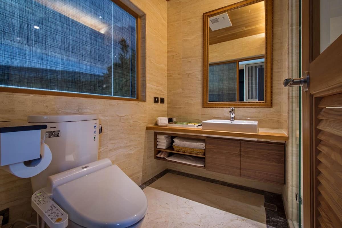 shower, hair dryer, slippers, bidet