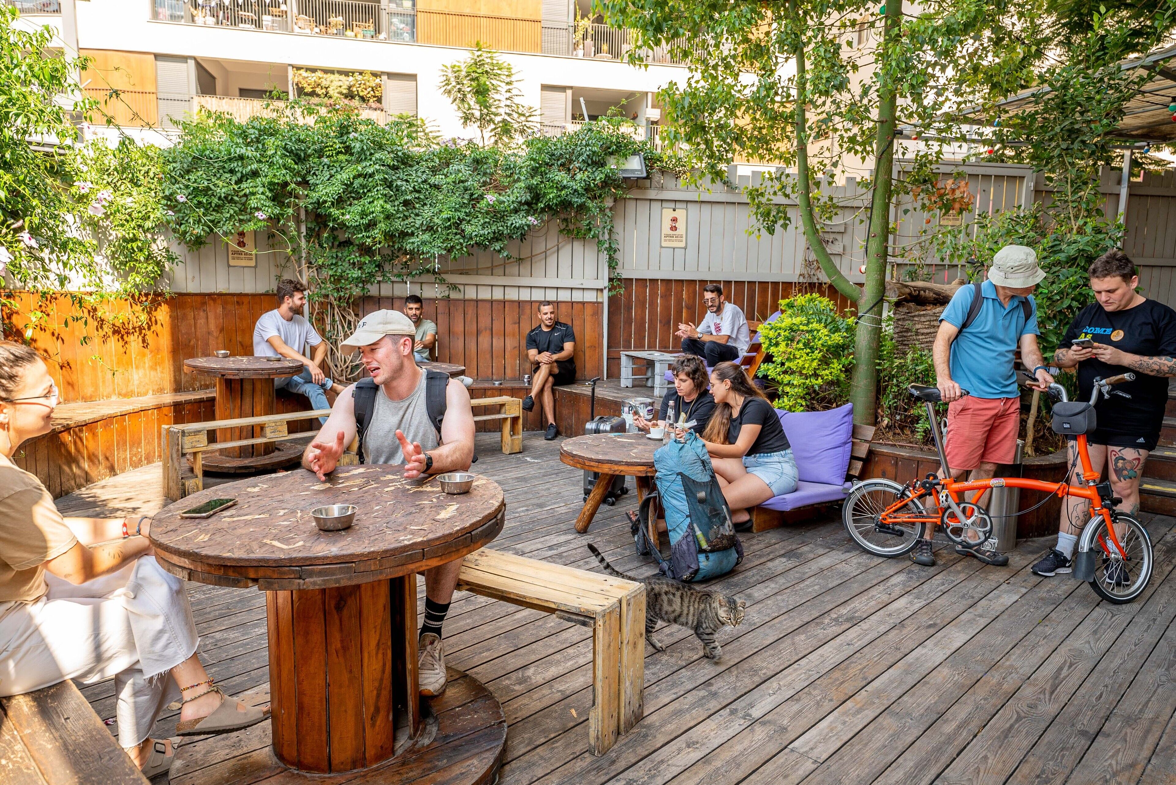 Un patio al aire libre con mesas y bancos de madera, rodeado de vegetación y una valla de madera.