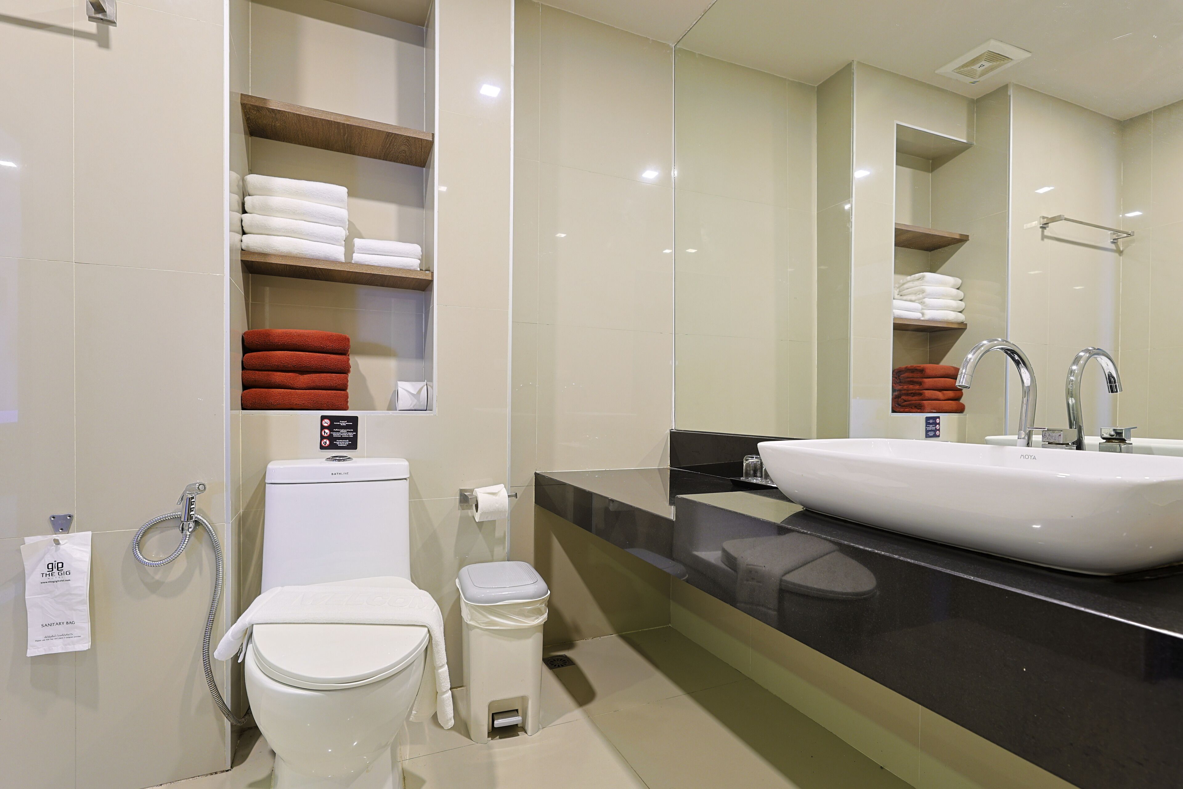 A modern bathroom with a white toilet, a glass shower enclosure, a large mirror, and a black countertop with a white sink.