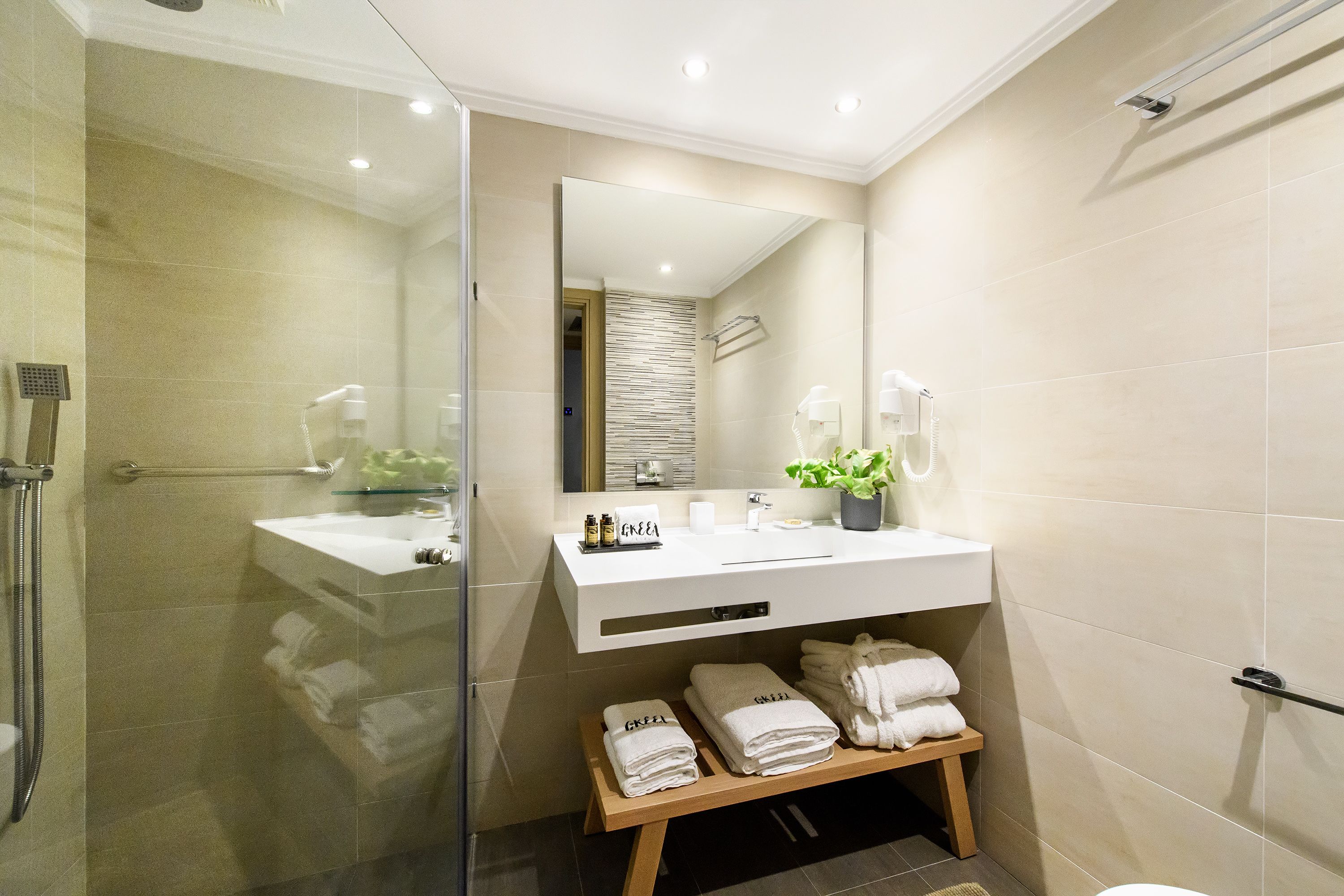 deluxe suite | bathroom | shower, rainfall showerhead, free toiletries, hair dryer