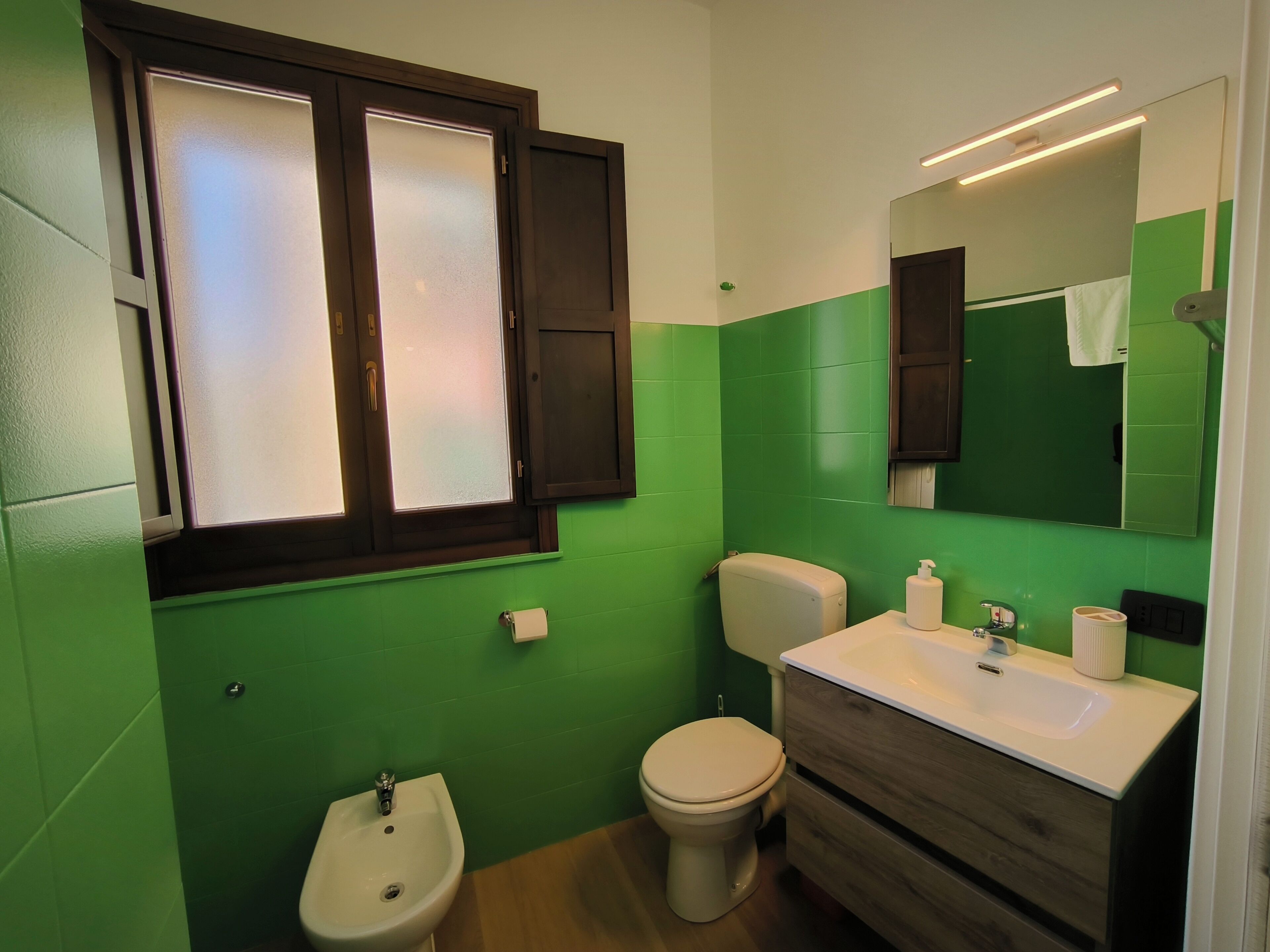 Casa de banho com paredes verdes, toucador de madeira, lavatório branco, sanita e bidé.