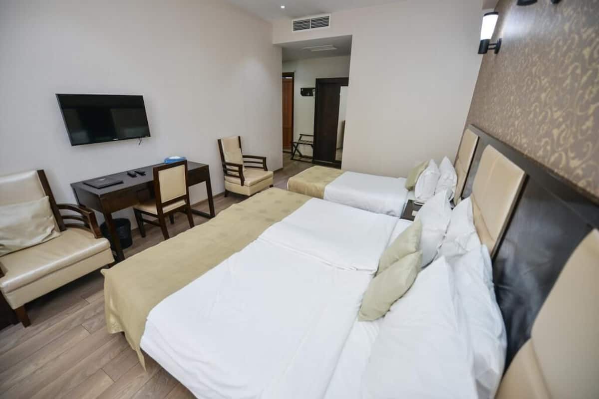 Une chambre d’hôtel avec deux lits, un bureau, une chaise, une télévision et un miroir.