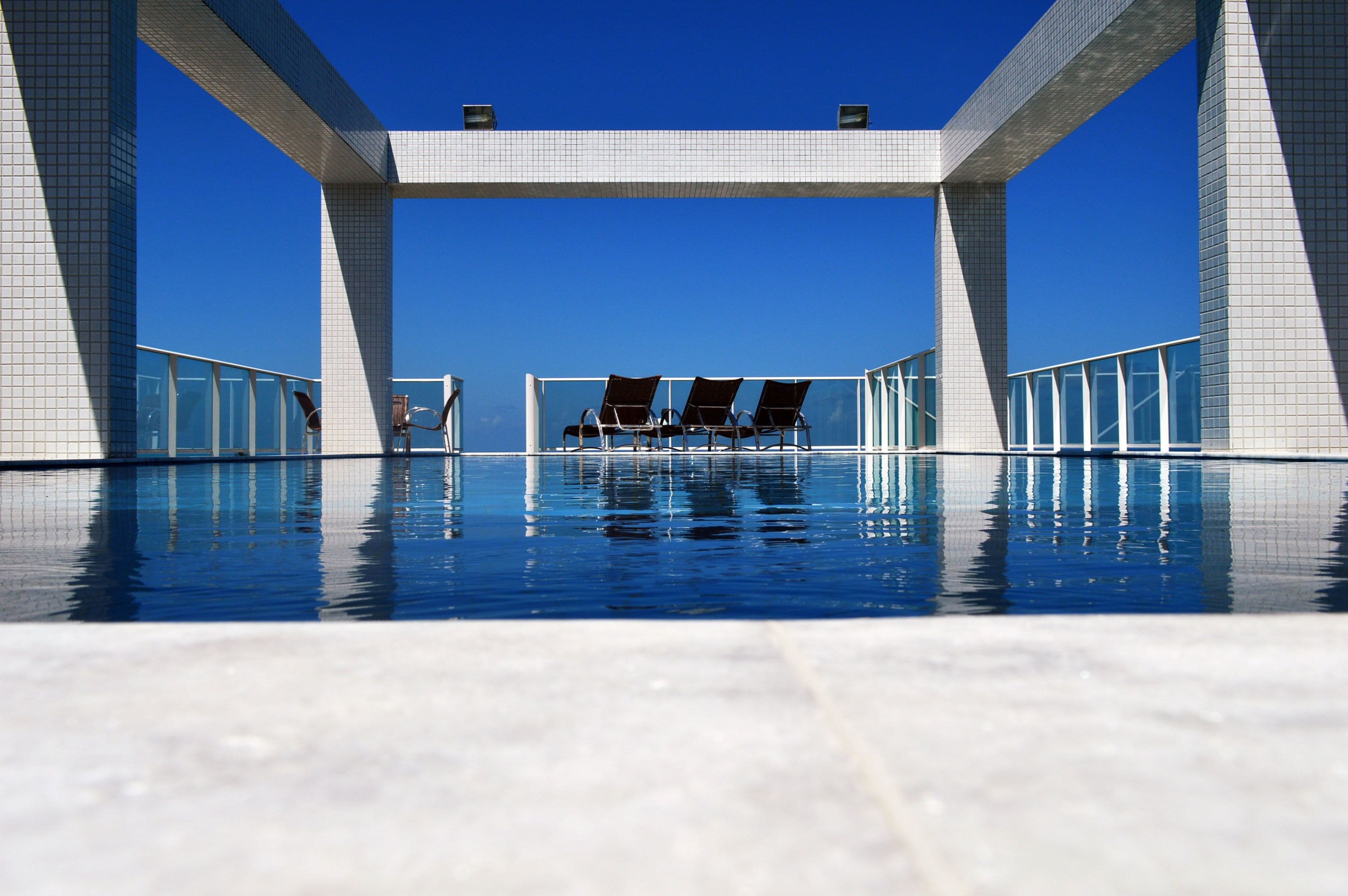 outdoor pool, pool loungers