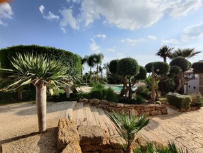 Un espace extérieur bien entretenu, agrémenté d’un chemin de pierre, de haies soigneusement taillées et de divers arbres, notamment des palmiers.