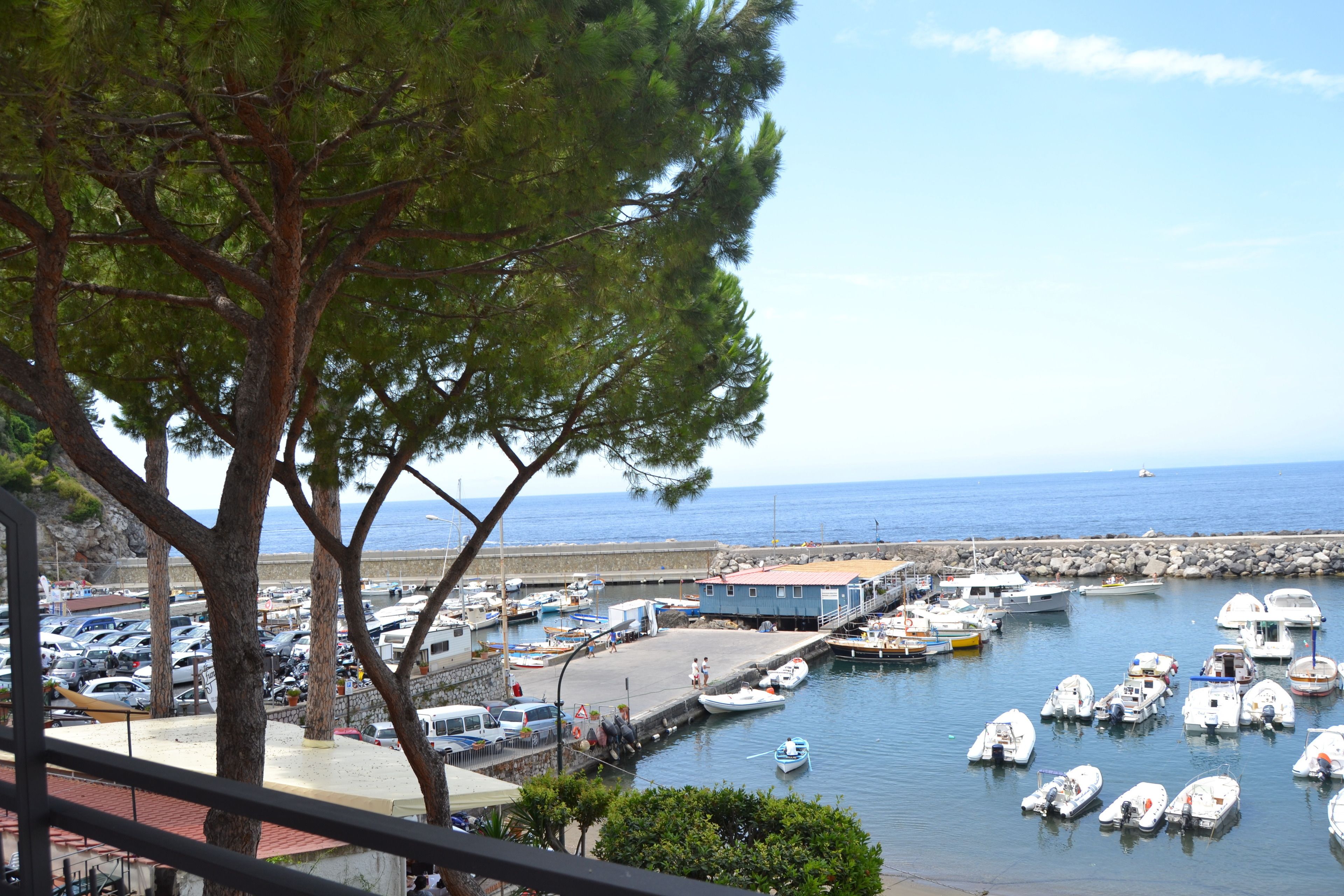 Un puerto deportivo con barcos amarrados, un estacionamiento y vistas al mar.