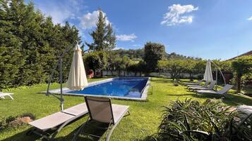 Alberca al aire libre, sombrillas en la alberca y camastros