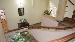Un escalier avec une rampe, un petit bac à fleurs contenant des plantes, un tableau encadré accroché au mur et une fenêtre donnant sur l’extérieur.