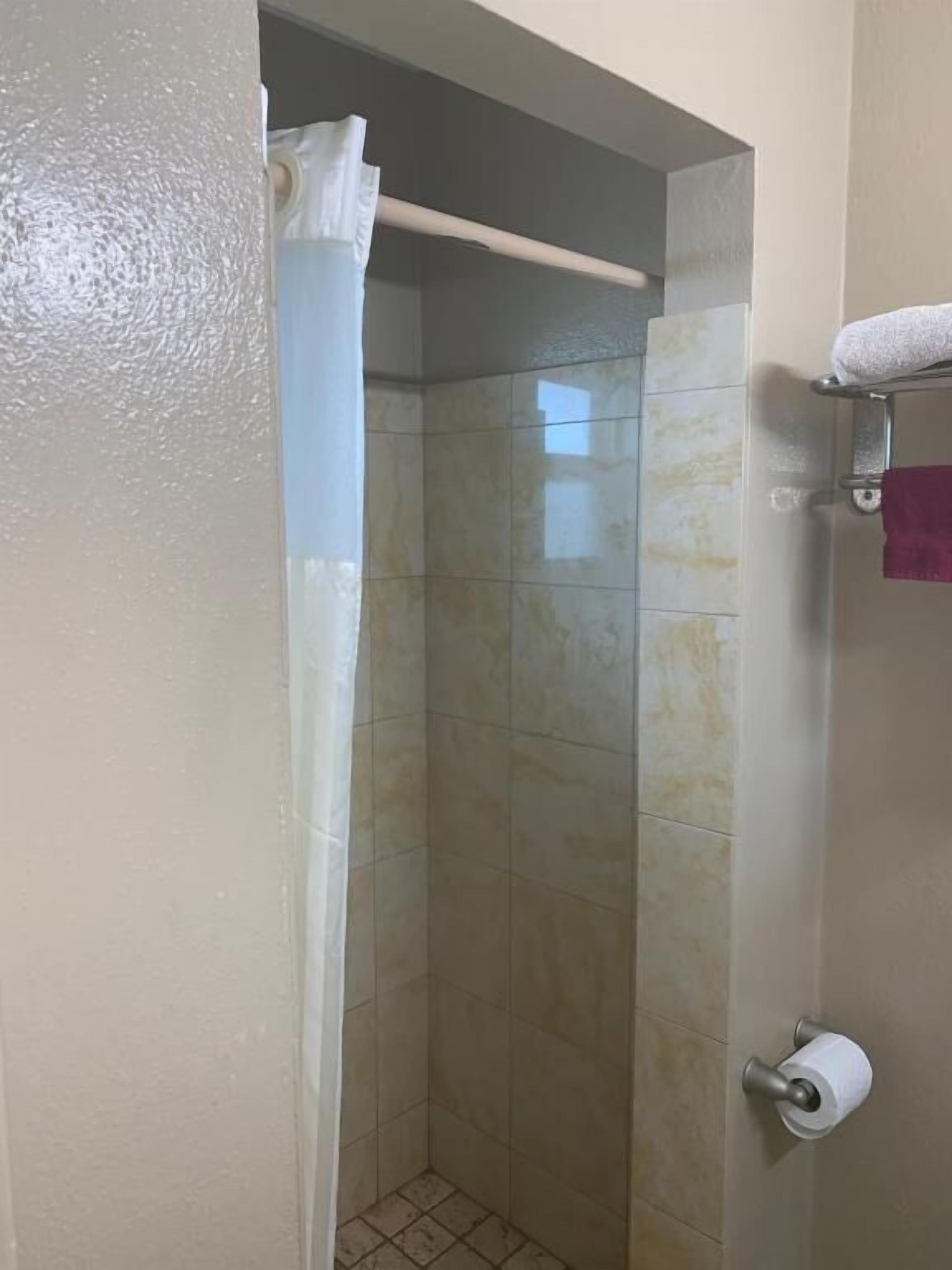 Un petit espace de douche carrelé, avec un rideau de douche blanc, un porte-serviettes sur lequel est posée une serviette violette, et un porte-rouleau de papier toilette.