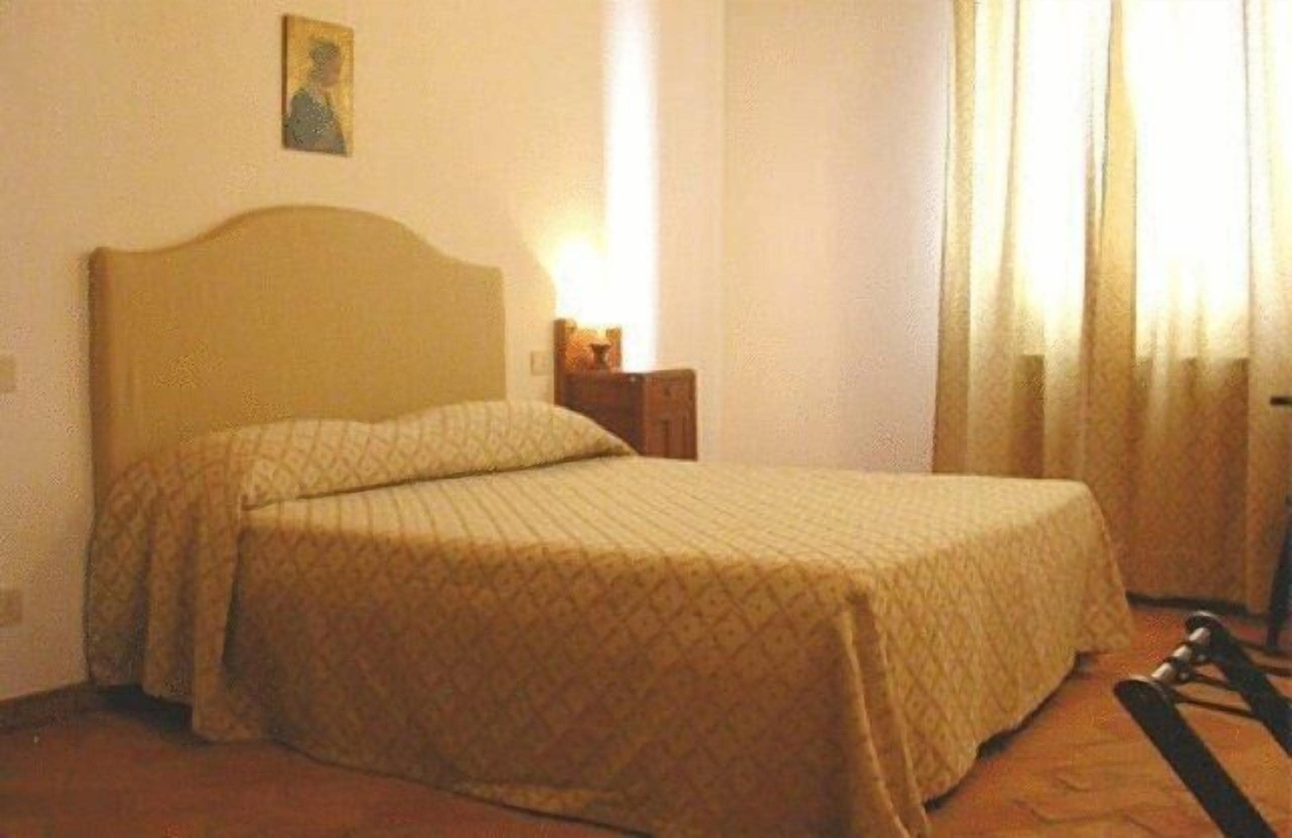 A single bed with a headboard, a bedside table, and a lamp.