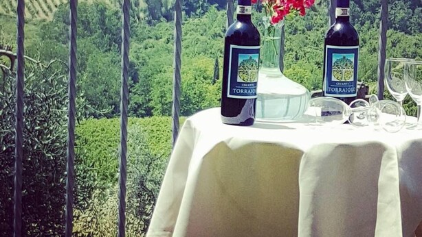 Ein Tisch im Freien mit zwei Weinflaschen und einem Blumenstrauß, mit Blick auf einen Weinberg.