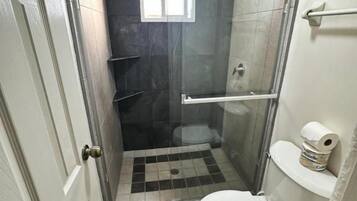 Un baño con ducha envuelta en vidrio, inodoro y puerta.