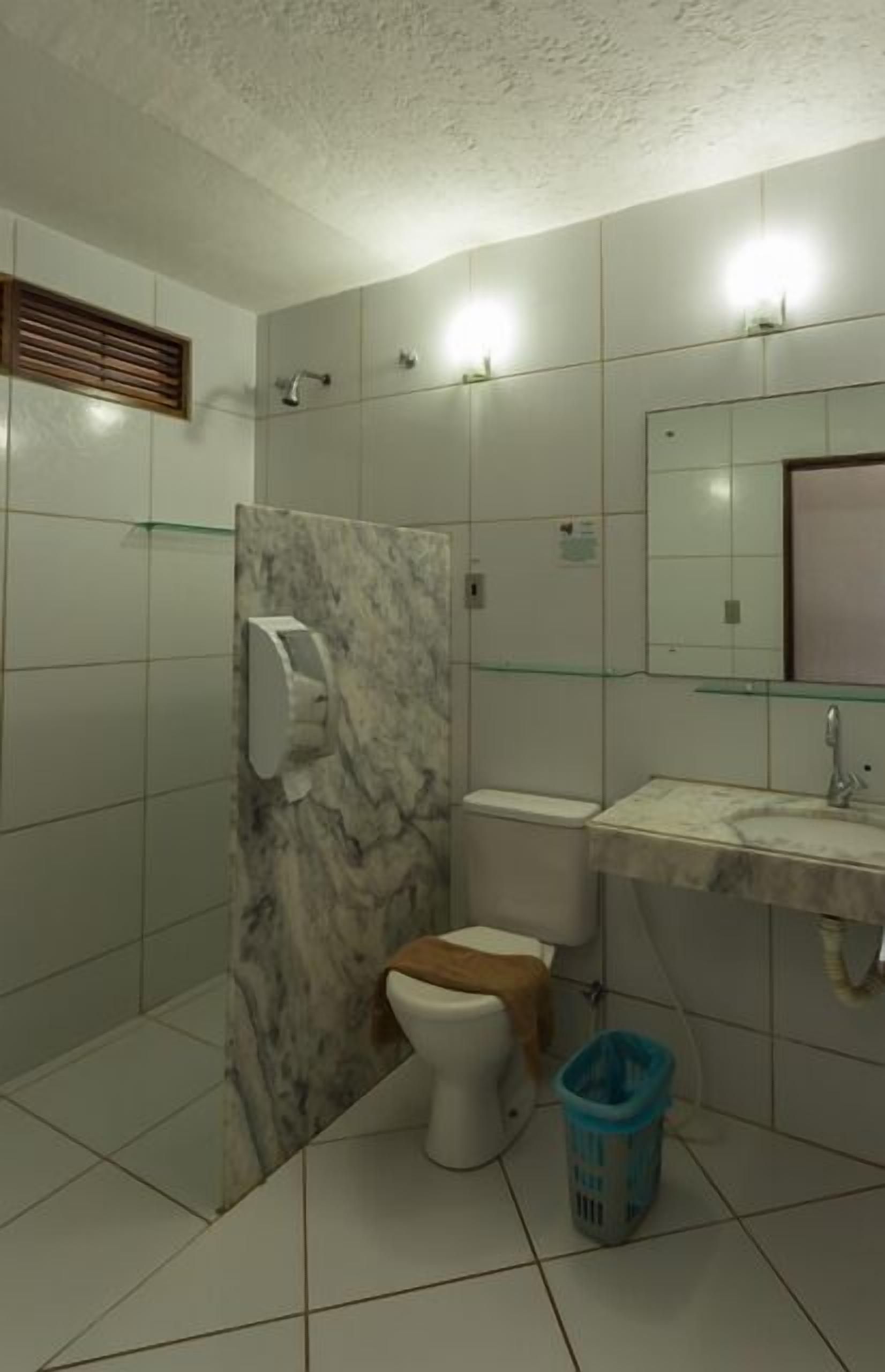Ein Badezimmer mit Toilette, Dusche, Waschbecken und Spiegel.