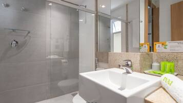 Shower, free toiletries, towels, soap