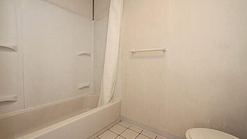 Une salle de bain avec une baignoire, des toilettes et un rideau de douche.