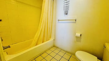 A small bathroom with a bathtub, toilet, and a shower curtain.