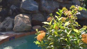 Un área de piscina con un muro de piedra y abundante vegetación al fondo.