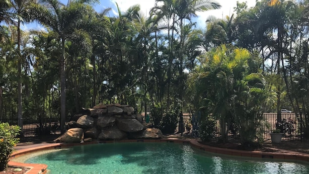 Una piscina cristalina rodeada de palmeras y una formación rocosa.