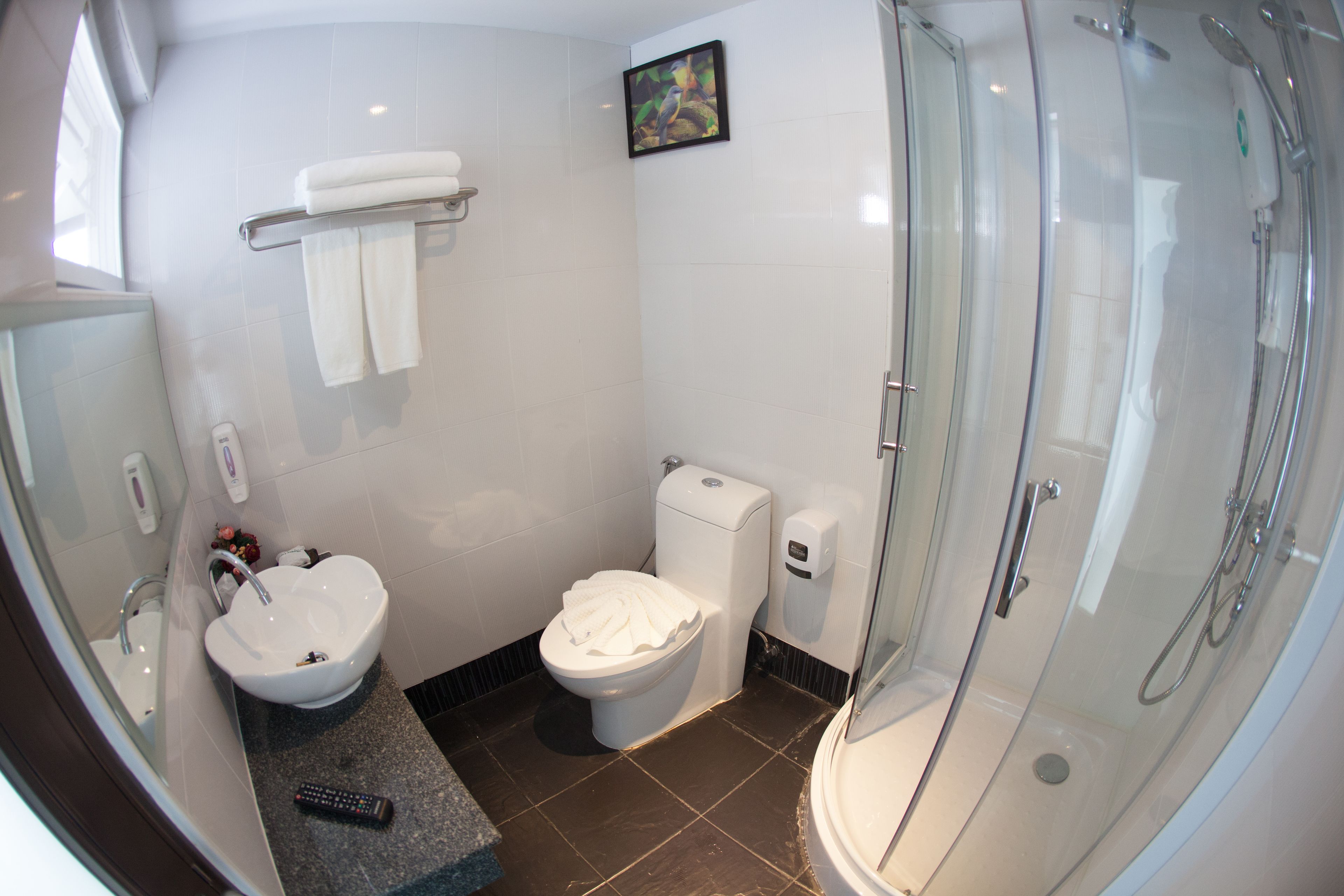 A bathroom with a toilet, sink, and shower.