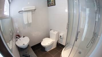 A bathroom with a toilet, sink, and shower.