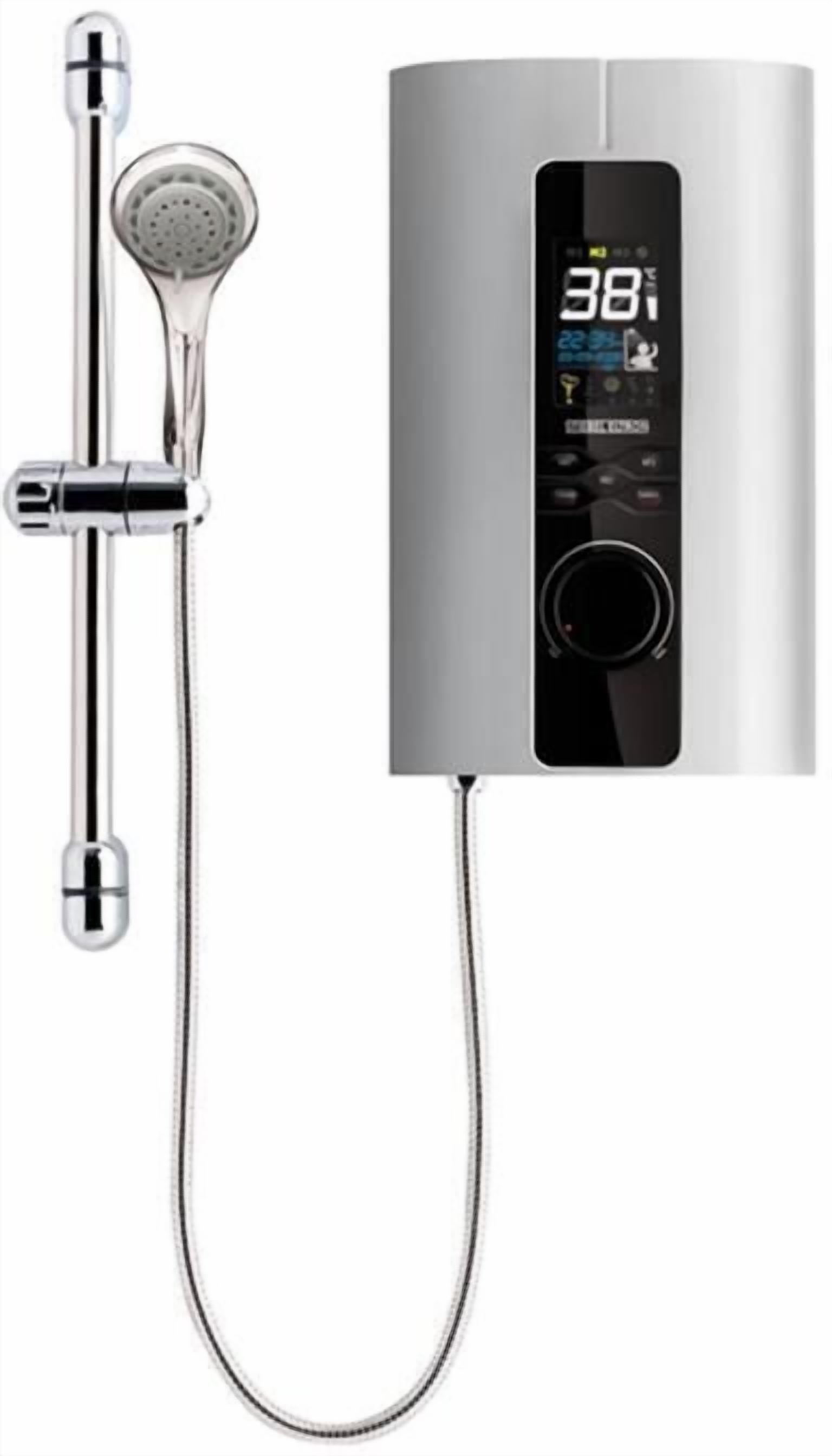 Un modèle de douche moderne doté d’un écran numérique, d’un pommeau de douche à main et d’un tuyau flexible.