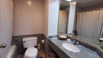 Suihkun ja ammeen yhdistelmä, syvä kylpyamme, ilmaiset hygieniatuotteet